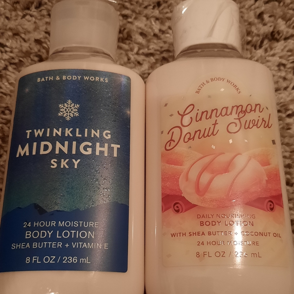 Bath and Body Works Cinnamon Dount Swirl and Twinkling Midnight Sky Lotions